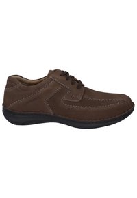 Brown leather shoe with a rounded toe, contrasting stitching, and lace-up design. Features a flexible black rubber sole.