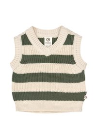 Gilet senza maniche lavorato a maglia con righe verdi e crema, design a scollo a v, bordi a costine e un piccolo etichetta del marchio all'orlo.
