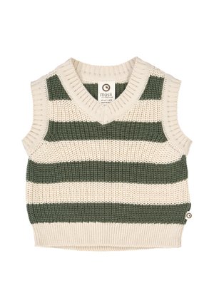 Gilet sans manches en tricot présentant des rayures vertes et crème, un design en v, des bords côtelés et une petite étiquette de marque au niveau de l'ourlet.