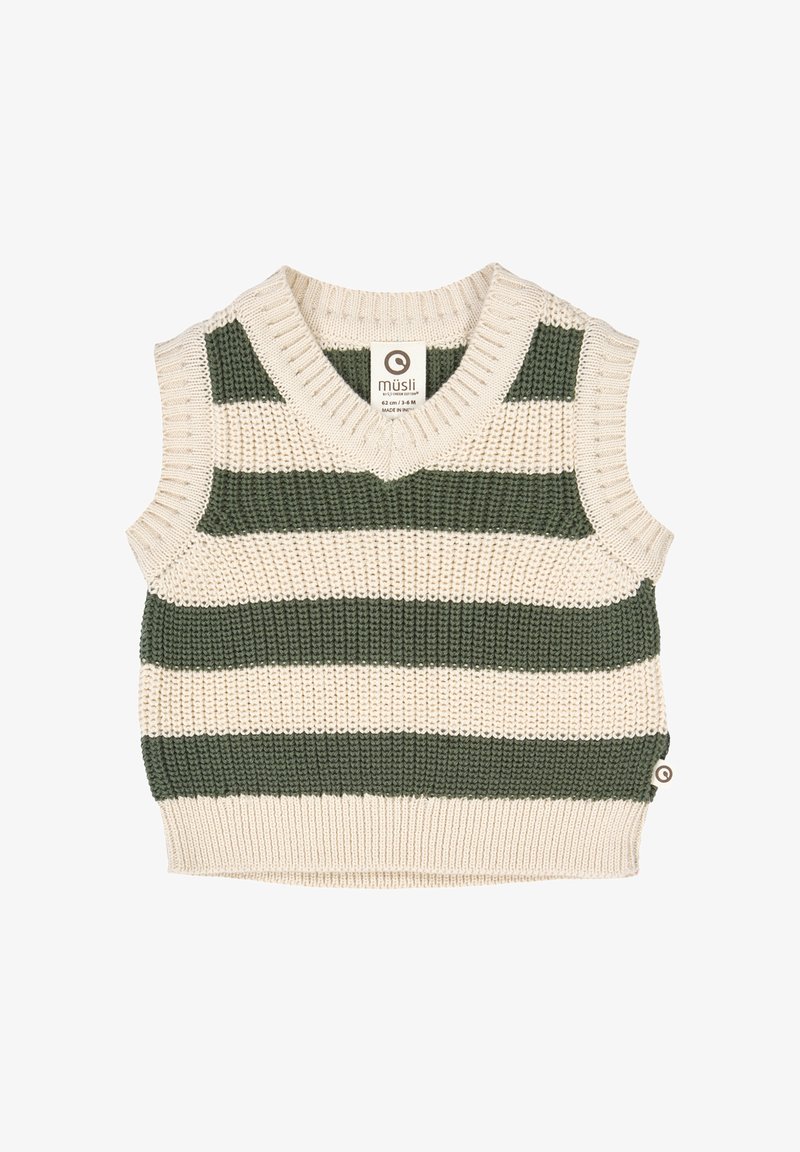 Gilet sans manches en tricot présentant des rayures vertes et crème, un design en v, des bords côtelés et une petite étiquette de marque au niveau de l'ourlet.