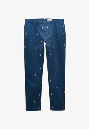 Marineblaue Baumwollhose mit wiederholtem Leuchtturm-Muster. Slim-Fit-Design mit Vordertaschen und Knopfverschluss.