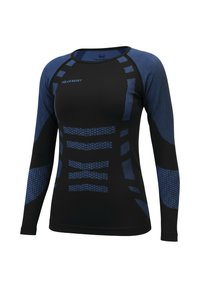 Long-sleeve athletic top, black with blue accents. Features textured patterns and mesh-like sections for breathability. Made from stretchy material.