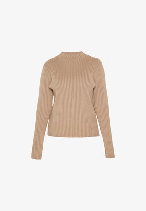 Rebrasta svetrovka v svetli bež barvi, z visokim ovratnikom in dolgimi rokavi, izdelana iz mehkega pletenega materiala z teksturiranim zaključkom.