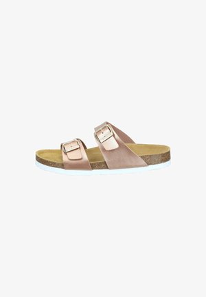 Open-toe sandal with two adjustable rose gold straps, cork footbed, and white textured sole, displayed on a white background.