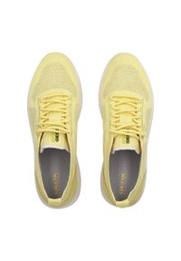Sneakers in rete giallo con motivi testurizzati, suole bianche a contrasto e lacci piatti. Presentano il logo Geox sulla linguetta e sul lato.