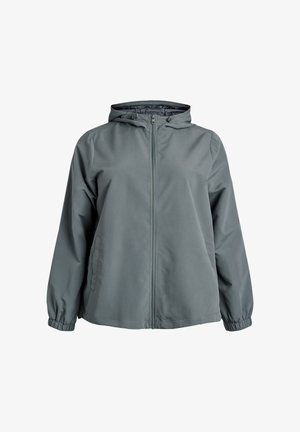 Leichte, kapuzenartige Jacke aus gedämpft grauem Stoff. Verfügt über einen Frontreißverschluss, elastische Bündchen und zwei Seitentaschen. Glatte Textur, lässiges Design.