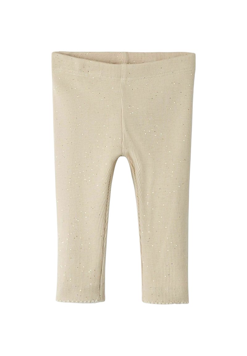 Beige geribde leggings met kleine, verspreide sparkles. Elastische tailleband, slim fit en verkorte lengte met een gladde textuur.