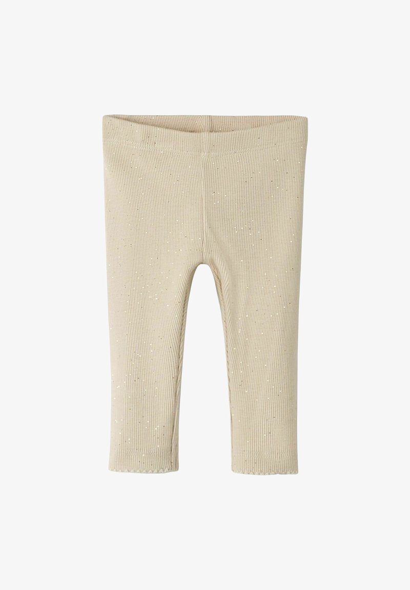 Beige geribde leggings met kleine, verspreide sparkles. Elastische tailleband, slim fit en verkorte lengte met een gladde textuur.