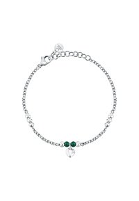 Braccialetto in argento con sfere e due pietre verdi, con un charm a forma di cuore appeso al centro. Lunghezza regolabile.