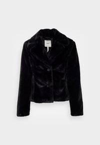 Veste en fausse fourrure noire avec col cranté, trois boutons et manches longues. Texture douce avec un design court et des détails de couture minimalistes.