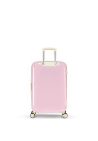 Harde koffer in glanzend roze met een uitschuifbare beige handgreep, twee wielen en een minimalistisch design. Gladde textuur, geen zichtbare patronen.