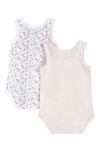 Deux bodies pour bébé : un blanc avec un imprimé floral rouge et vert, l'autre beige uni, tous deux ornés de dentelle et sans manches.