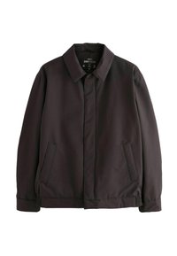 Schwarze, leichte, wasserabweisende Jacke mit einem kragenförmigen Ausschnitt, zwei seitlichen Taschen und elastischen Bündchen für eine taillierte Passform.