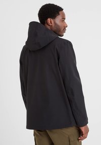 Black hooded jacket with a smooth texture, featuring a straight cut and minimalistic design, paired with olive green cargo pants.