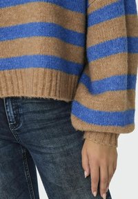 Maglione a strisce marroni e blu in maglia con polsini a costine. Il tessuto sembra morbido e peloso, abbinato a jeans in denim blu scuro.