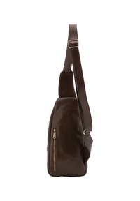 Borsa a spalla in pelle marrone con finitura testurizzata, tasca laterale con zip e tracolla regolabile per una maggiore comodità nel trasporto.