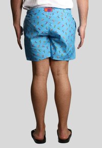 Pantaloncini da nuoto azzurri chiari con un motivo ripetitivo di uccelli colorati. Presentano un elastico in vita e un'etichetta con il marchio. Materiale leggero.