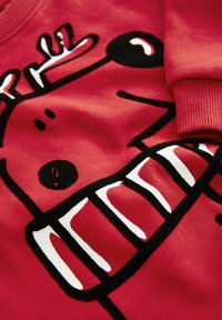 Rød sweatshirt med et stort ræv-tegn i sort og hvidt. Stoffet er blødt med ribbede manchetter og en glat overflade.