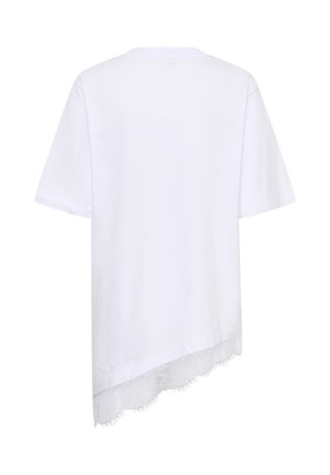 Camicia bianca a maniche corte con orlo asimmetrico e bordo in pizzo sul fondo, vista da dietro.