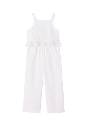 White sleeveless toddler jumpsuit with wide legs, ruffled waist detail, and shoulder straps, shown flat on a white background.