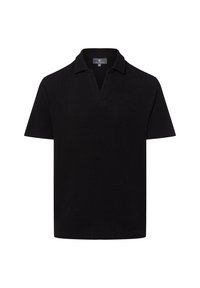 Schwarzes kurzärmliges Poloshirt mit V-Ausschnitt, aus strukturierter Stoff. Verfügt über einen dezenten Kragen und ein minimalistisches Design ohne Verzierungen.