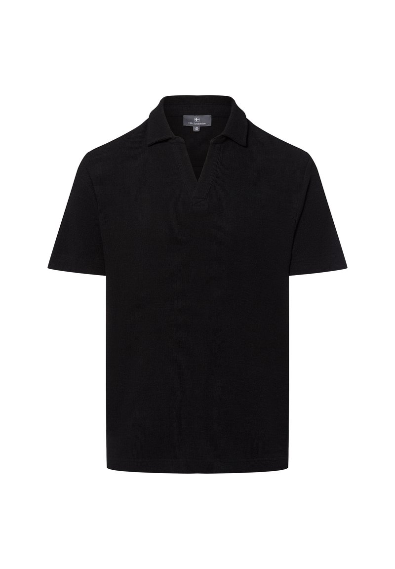 Schwarzes kurzärmliges Poloshirt mit V-Ausschnitt, aus strukturierter Stoff. Verfügt über einen dezenten Kragen und ein minimalistisches Design ohne Verzierungen.