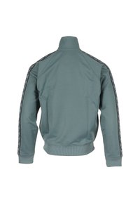 Chaqueta deportiva gris-verde con rayas de logo en negro a lo largo de ambas mangas, puños y bajo acanalados, mostrada desde la parte posterior sobre un fondo blanco.