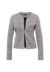 Chaqueta gris texturizada con mangas largas, abertura frontal y un sutil ribete en contraste a lo largo del escote y el dobladillo. Corte entallado, interior suave.