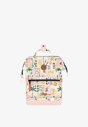 Rectangular backpack with colorful tropical prints, front zip pocket, pink base, and top handle with snap button closure.