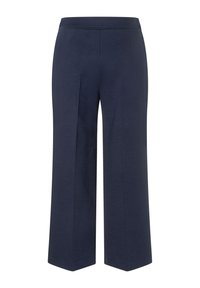 Marineblaue weite Hosen aus einem weichen, glatten Stoff. Sie verfügen über einen flachen Bund und zwei vordere Falten für ein maßgeschneidertes Aussehen.