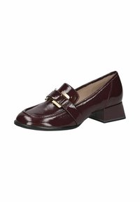 Burgundy patent leather loafer with a low block heel, featuring a gold-tone buckle accent and stitched detailing on the vamp.