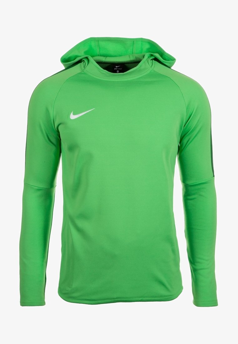 Vihreä Nike Dri-FIT huppari, pitkät hihat, etupuolella kengurun tasku, pyöristetty helma, sileä rakenne, jossa on valkoinen logo vasemmassa rinnassa.
