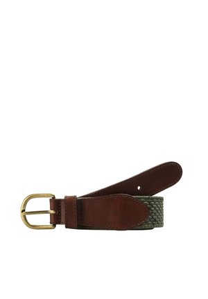 Vævet grøn bælte med brune læderdetaljer, messingspænde og struktureret finish. Har et klassisk design med huller til justering.