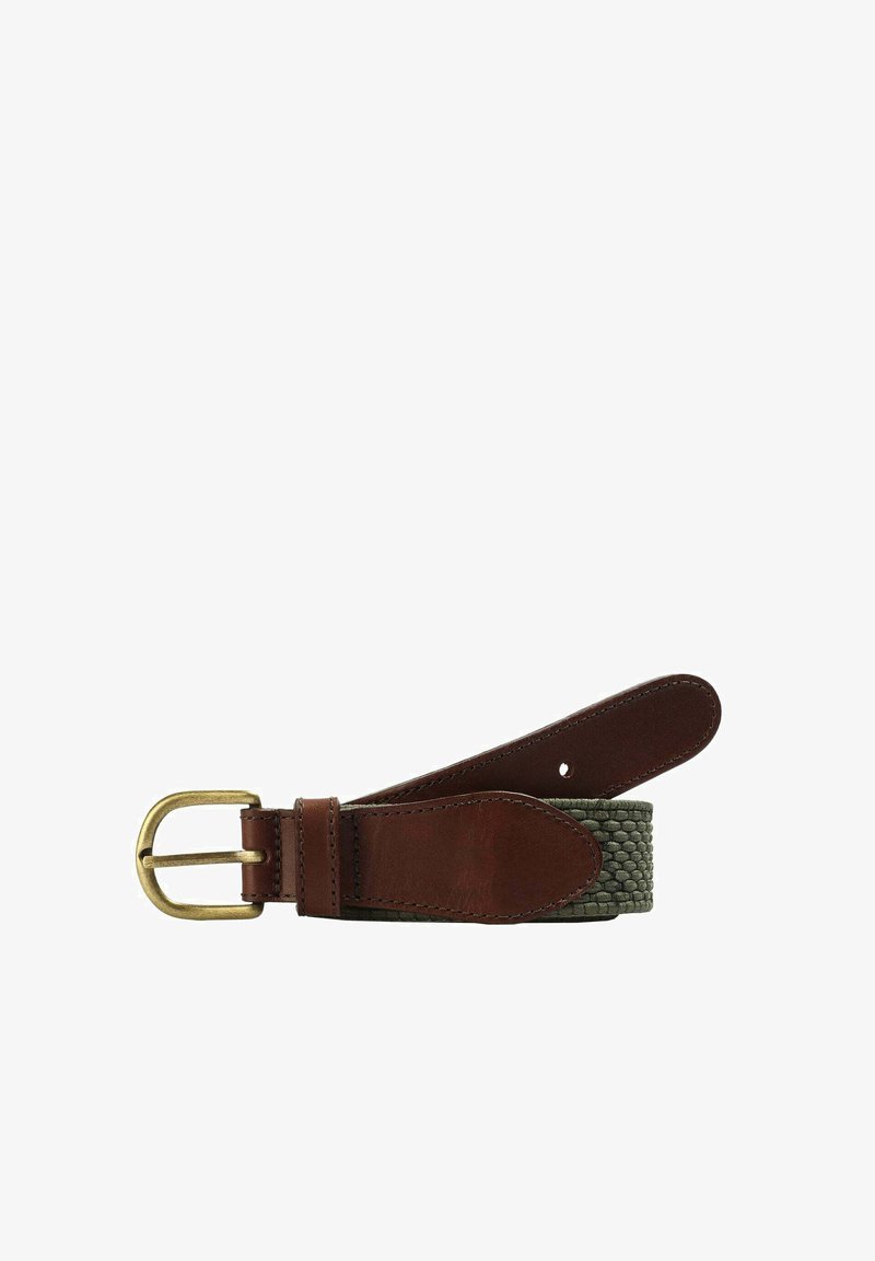 Woven green belt with brown leather accents, brass buckle, and textured finish. Features a classic design with punch holes for adjustment.