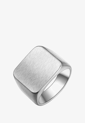 Silber-Signetring mit gebürsteter Textur, geometrischer Form und glattem Band. Verfügt über eine kantige Oberflächenstruktur für einen modernen Look.