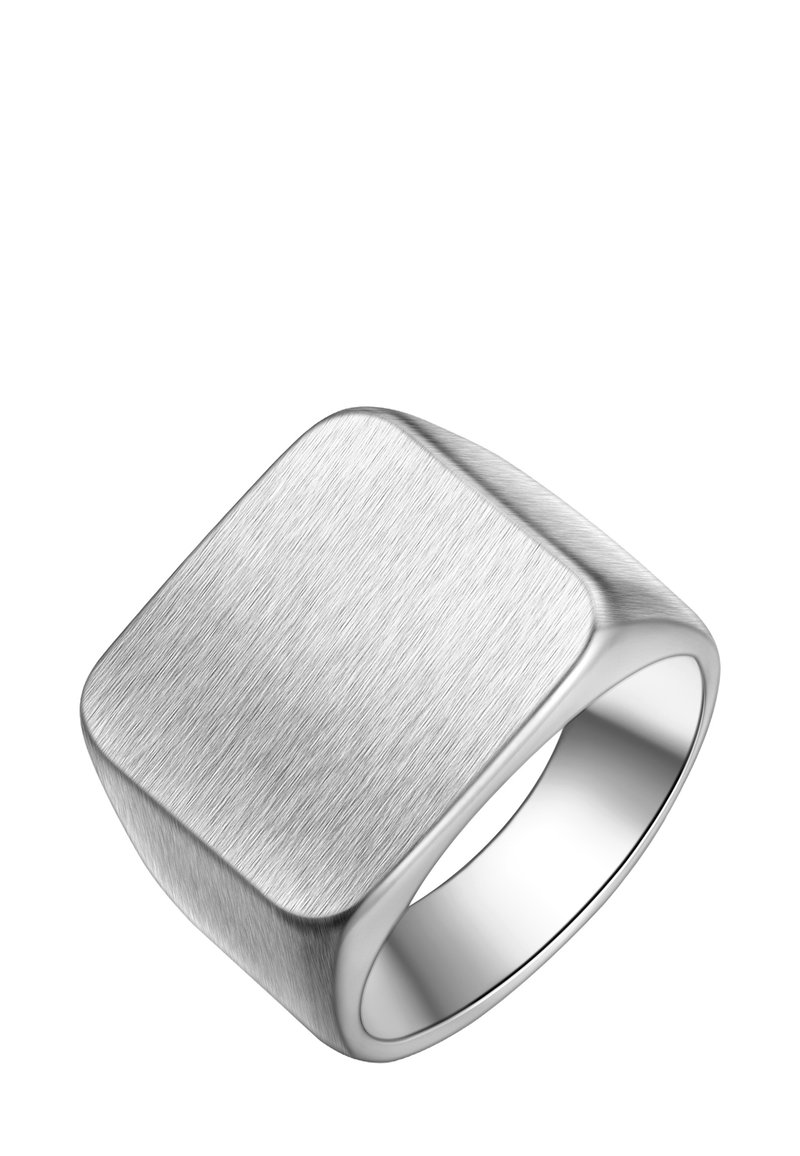 Hõbedane signetisõrmus, millel on harjatud tekstuur, geomeetriline kuju ja sile riba. Omab nurkset ülemist pinda, mis lisab modernset ilmet.