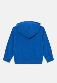 Zilā ribota kapuce ar lielu kapuci, garām piedurknēm un ribotām aprocēm. Audumam ir maiga tekstūra. Aizmugures skatījumā nav redzamas zīmes vai raksti.