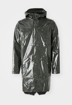 Waterproof green rain jacket featuring a glossy finish, adjustable hood with drawstrings, snap buttons, and front pockets.