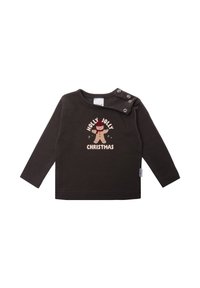 Dunkelbraunes Langarmshirt mit einem Aufdruck "Holly Jolly Christmas" und einem Lebkuchenmännchen-Design. Druckknopfverschluss an der Schulter.