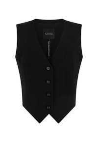 Black vest with a v-neck design, featuring four decorative round buttons, a small pocket, and a smooth fabric texture.