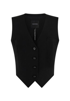 Black vest with a v-neck design, featuring four decorative round buttons, a small pocket, and a smooth fabric texture.