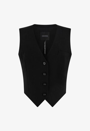 Black vest with a v-neck design, featuring four decorative round buttons, a small pocket, and a smooth fabric texture.