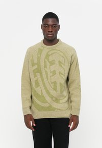 Gebreide trui in lichtgroen met een tonale abstracte print. Heeft een ronde hals en geribbelde manchetten, gemaakt van zachte, gestructureerde stof.