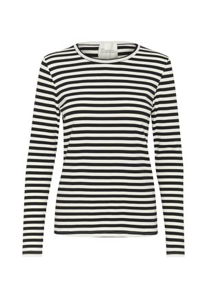 Black and white striped long-sleeve shirt with a round neckline and fitted design. Soft fabric with even stripe patterns throughout.