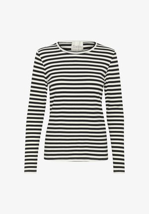 Majica dugih rukava s crno-bijelim prugama, okruglim izrezom i prilagođenim krojem. Mekana tkanina s ravnomjernim uzorkom pruga.