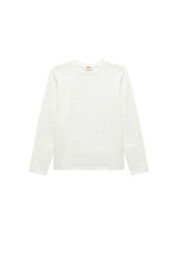 Witte blouse met lange mouwen en een ronde halslijn, versierd met subtiele, verspreide spikkels. Gemaakt van een zachte stof met een gladde textuur. Gewone pasvorm.