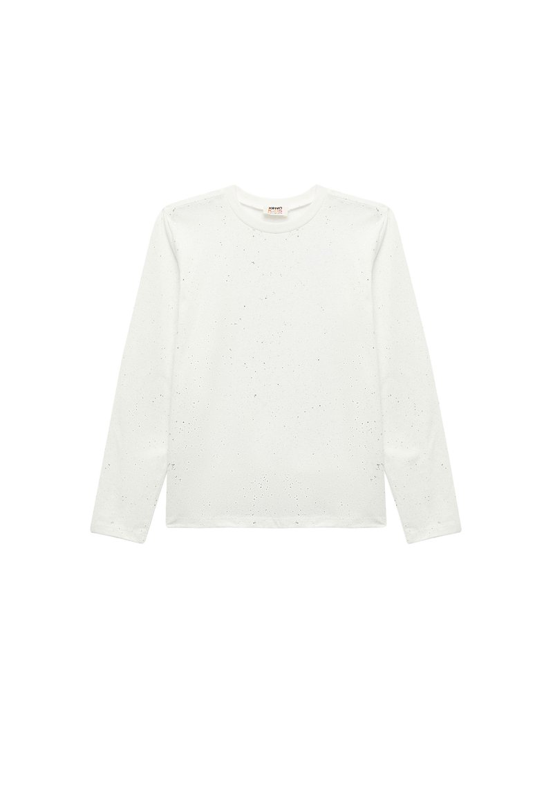 Witte blouse met lange mouwen en een ronde halslijn, versierd met subtiele, verspreide spikkels. Gemaakt van een zachte stof met een gladde textuur. Gewone pasvorm.