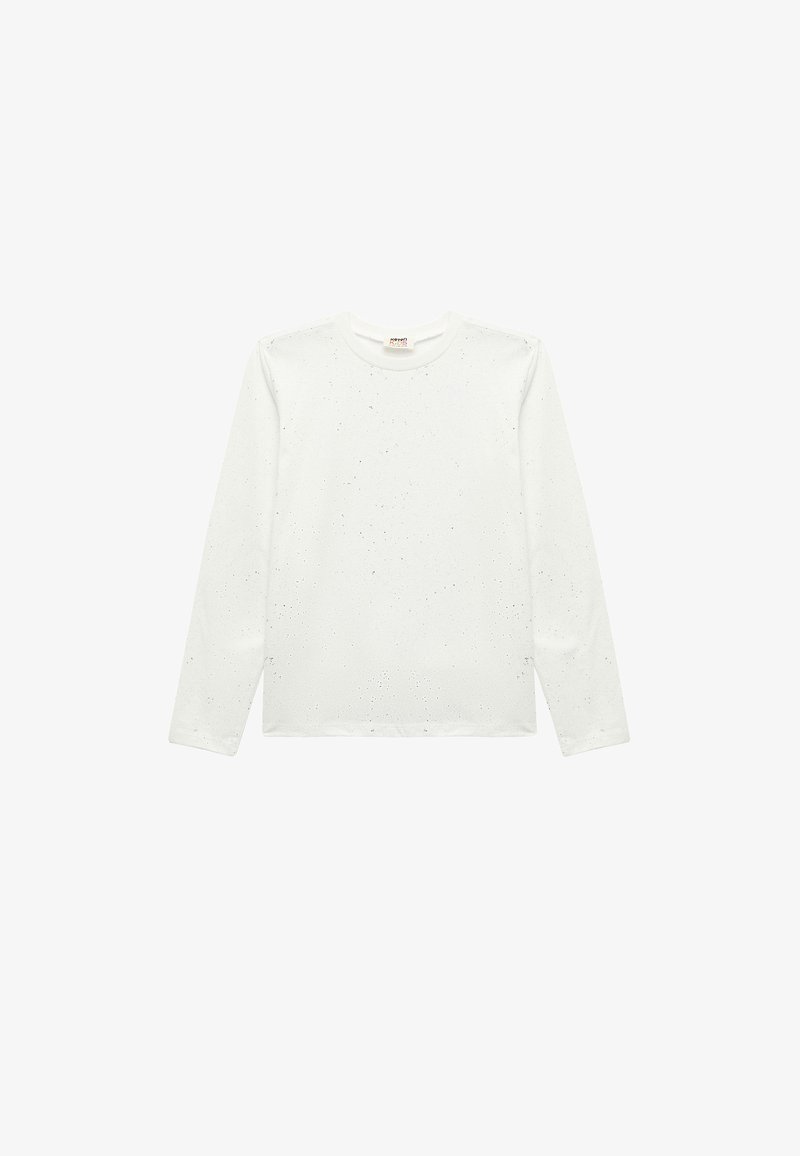 White long-sleeve shirt with a round neckline and subtle, scattered speckles. Made from soft fabric with a smooth texture. Regular fit.