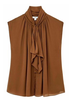 Brązowa jedwabna bluzka z wysokim kołnierzem, plisowanym przodem i krótkimi rękawami. Charakteryzuje się miękkim drapowaniem i luźnym krojem dla wygody.