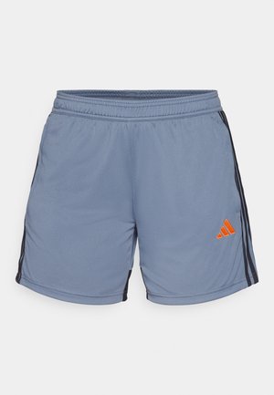 Light blue athletic shorts with an elastic waistband, black side stripes, and an orange adidas logo on the lower left side.
